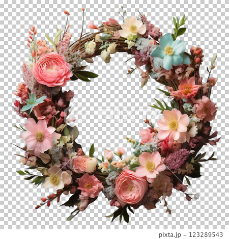 Aerial view of a cute wreath of pastel-colored spring flowers 123289543