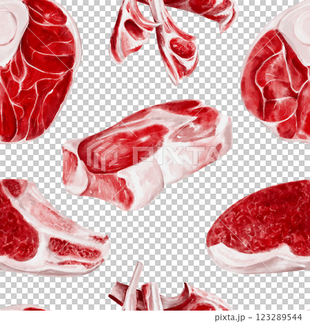 Raw fresh meat of beef, pork, lamb and horse meat. Seamless pattern with different types of meat. Meat on the bone and fillet. Watercolor illustration isolated from background.  123289544
