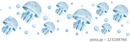 Jellyfish watercolor seamless border isolated on white. Clip art. High quality hand-drawn blue monochromatic illustration for notebooks, wrapping paper, wallpaper, eco, tourism, room decor design 123289760