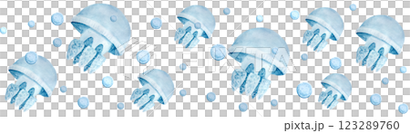 Jellyfish watercolor seamless border isolated on white. Clip art. High quality hand-drawn blue monochromatic illustration for notebooks, wrapping paper, wallpaper, eco, tourism, room decor design 123289760