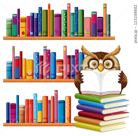 Wise Owl Reading Among Colorful Books 123289882