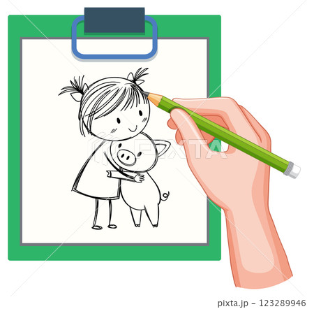 Child and Piglet Doodle on Clipboard 123289946