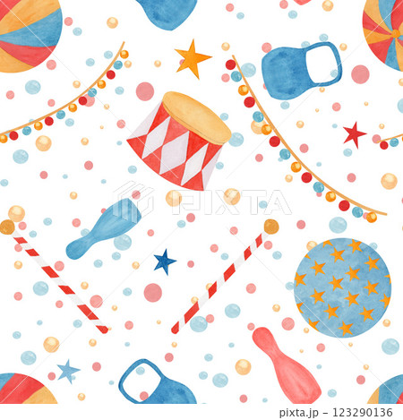 Cartoon seamless pattern watercolor hand drawn stars, ball, kettlebell, circus podium on white background. For childish fabric, wallpaper nursery, birthday cards, invitations, scrapbook 123290136