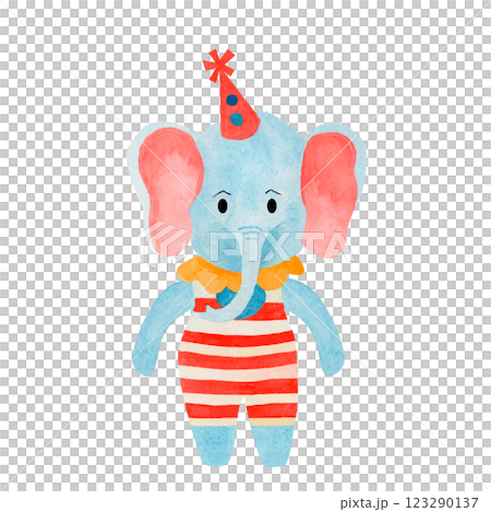 Cartoon circus elephant in a red retro tights, a strong man. Hand drawn watercolor illustration. Separate on a white background. Creative illustrations for children, cards, invitations, posters Cartoon circus elephant in a red retro tights, a strong man. Hand drawn watercolor illustration. Separate on a white background. Creative illustrations for children, cards, invitations, posters 123290137