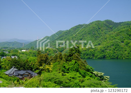 緑に包まれた大蔵寺と津久井湖 【相模原市津久井 5月】 緑に包まれた大蔵寺と津久井湖 【相模原市津久井 5月】 123290172