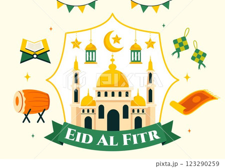 Happy Eid Al-Fitr Mubarak Illustration featuring a Mosque and a Muslim Celebration on this Special Day, Bringing Peace and Happiness to Everyone 123290259