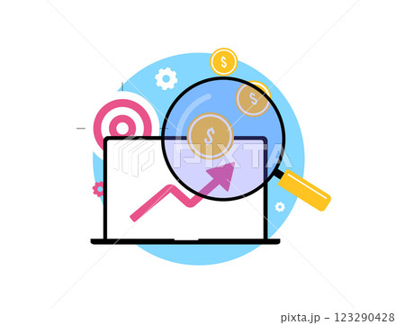 Analyzing financial growth with data insights, revenue trends, and digital marketing analytics. Magnifying glass, rising graph, and coins symbolize business success, investment and profit optimization Analyzing financial growth with data insights, revenue trends, and digital marketing analytics. Magnifying glass, rising graph, and coins symbolize business success, investment and profit optimization 123290428