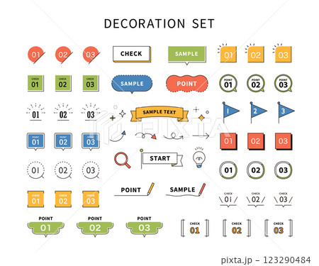 ポイントとチェックのナンバリング・アイコン　イラスト素材　リボン　ベクター　旗　吹き出し　セット 123290484