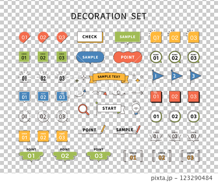 ポイントとチェックのナンバリング・アイコン　イラスト素材　リボン　ベクター　旗　吹き出し　セット 123290484