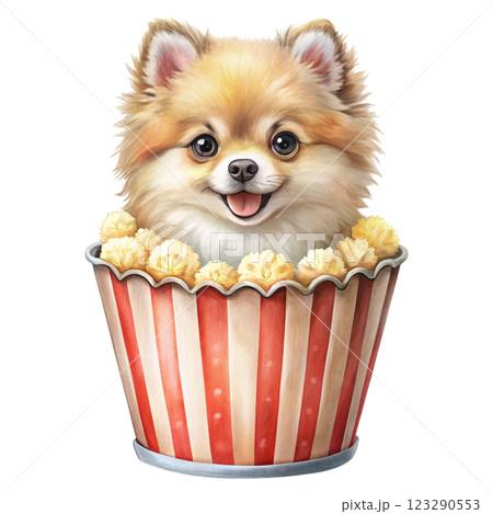 Baby Dog Cute Kawaii  bucket of popcorn clipart watercolor 123290553