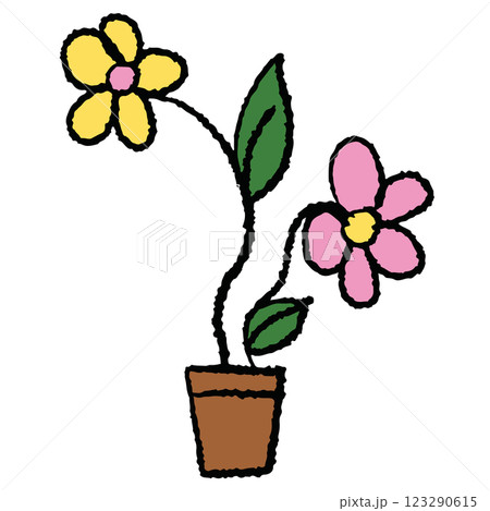 Hand drawn crayon illustration of flowers in flowerpot for plants, tree, floral print, nature, garden, patch, shirt print, sticker, blossom, blooming, spring, summer, brooch, park, house yard, home 123290615