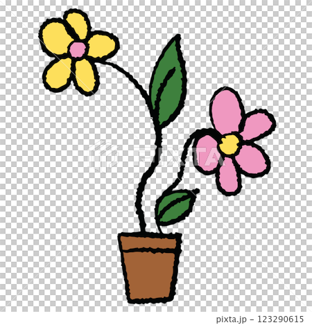 Hand drawn crayon illustration of flowers in flowerpot for plants, tree, floral print, nature, garden, patch, shirt print, sticker, blossom, blooming, spring, summer, brooch, park, house yard, home 123290615