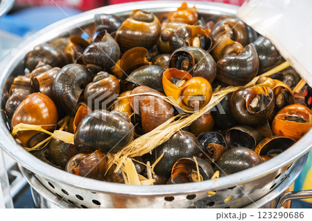 Boiled snails at Asian market in Asia. Traditional Vietnamese street food in Vietnam 123290686