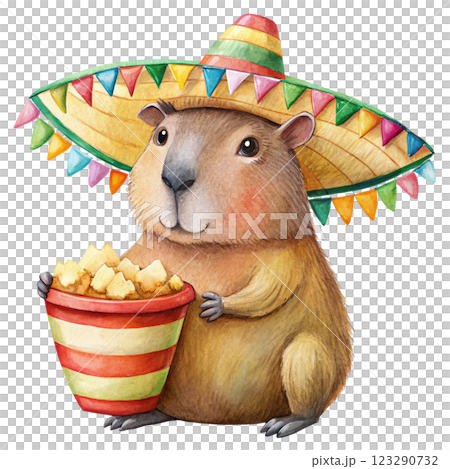 Cute capybara kawaii popcorn bucket clipart watercolor 123290732