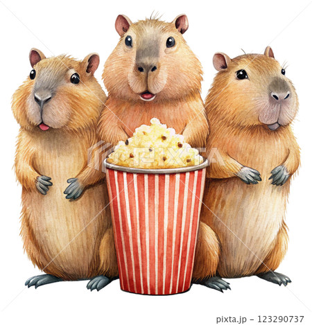 Cute capybara kawaii popcorn bucket clipart watercolor 123290737
