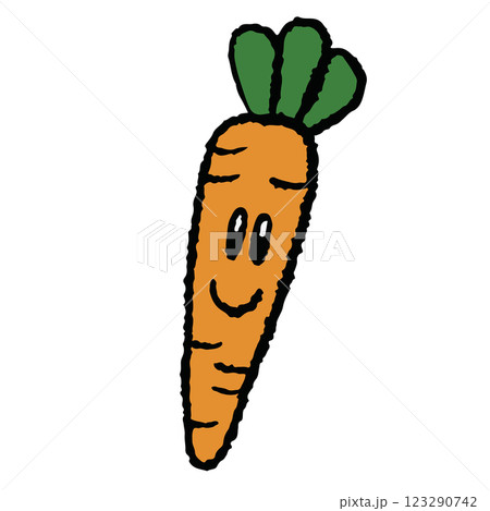Hand drawn crayon illustration of happy carrot for food, breakfast, brunch, cafe, restaurant, menu, recipe, cook book, cartoon character, grocery shopping, supermarket, vegetable, healthy ingredients 123290742