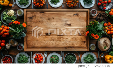 Large wooden board surrounded by fresh vegetables and herbs on a table. Generative AI 123290750