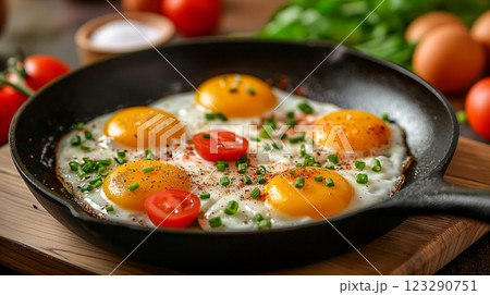 Fried eggs with tomatoes and green herbs in a frying pan on a wooden table. Generative AI 123290751