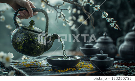 Pouring green tea from an ancient teapot in a tranquil outdoor setting. Generative AI 123290753