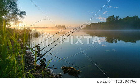 Lakeside fishing at sunrise with mist over calm waters. Generative AI 123290766