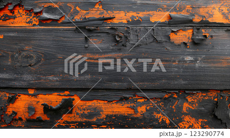 Gritty black wood textured background with orange highlights of wear and age. Generative AI 123290774