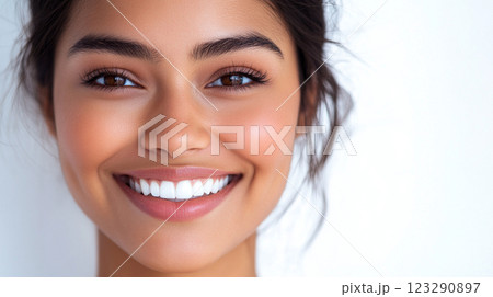 Radiant smile illuminates a face with warmth. Her expressive brown eyes and perfect teeth are the epitome of grace. Beauty shines. Radiant smile illuminates a face with warmth. Her expressive brown eyes and perfect teeth are the epitome of grace. Beauty shines. 123290897
