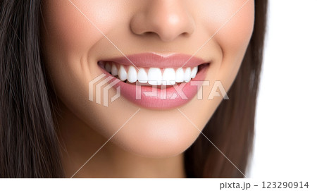 Bright smile showcasing perfectly aligned, sparkling white teeth and healthy pink lips. Emphasizing dental health and cosmetic enhancements. Bright smile showcasing perfectly aligned, sparkling white teeth and healthy pink lips. Emphasizing dental health and cosmetic enhancements. 123290914