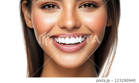 Radiant smile of a woman with perfect teeth and flawless skin. Represents oral care, dental health, and confident, beautiful smile. Radiant smile of a woman with perfect teeth and flawless skin. Represents oral care, dental health, and confident, beautiful smile. 123290940