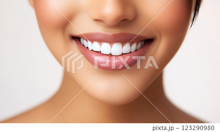 A radiant, healthy smile showcases bright, white teeth and soft, naturally colored lips, conveying confidence and well-being. 123290980