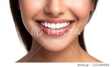 Radiant smile displaying bright, white teeth, complemented by glossy lips and smooth skin, showcasing dental health and beauty Radiant smile displaying bright, white teeth, complemented by glossy lips and smooth skin, showcasing dental health and beauty 123290989