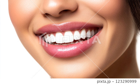 Radiant smile close-up showcasing perfectly aligned, bright white teeth and healthy gums. Natural beauty is a testament to oral care. Radiant smile close-up showcasing perfectly aligned, bright white teeth and healthy gums. Natural beauty is a testament to oral care. 123290999