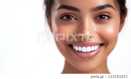 Radiant woman with a beautiful smile, perfect for dental or skincare advertising. Her healthy appearance is captivating and confident. 123291031