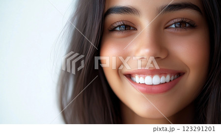 Radiant smile of a beautiful young woman with healthy white teeth, showcasing beauty, confidence, and excellent dental care. 123291201