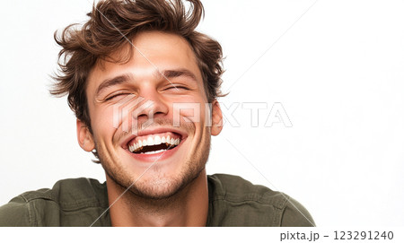 Close-up of a happy, laughing man with messy brown hair against a bright white background, showcasing genuine emotion and radiant smile. 123291240