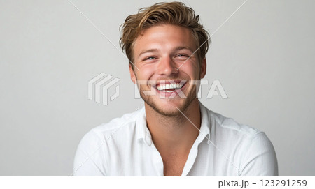 Smiling man in white shirt with light brown hair, posing against a plain backdrop in a well-lit setting, exudes a sense of joy and confidence. 123291259