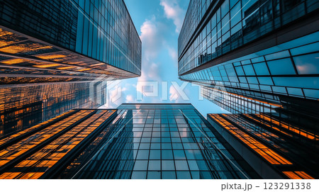 Looking up towards glass skyscrapers reaching high into the sky, mirroring the clouds and blue sky above, creating an architectural masterpiece. 123291338