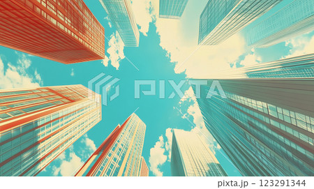 Skyscrapers reach for the azure sky, showcasing architectural majesty against a backdrop of clouds. The colorful towers evoke a modern urban vista. Skyscrapers reach for the azure sky, showcasing architectural majesty against a backdrop of clouds. The colorful towers evoke a modern urban vista. 123291344