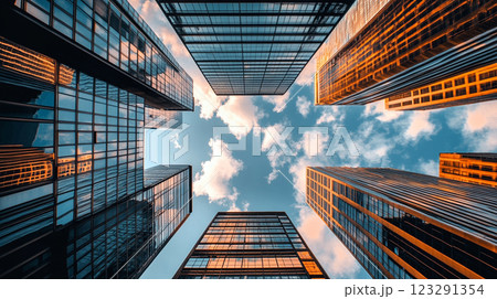 Skyscrapers tower upwards, their glass facades reflecting a vibrant blue sky dotted with fluffy white clouds, creating an urban kaleidoscope. Skyscrapers tower upwards, their glass facades reflecting a vibrant blue sky dotted with fluffy white clouds, creating an urban kaleidoscope. 123291354