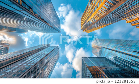 Looking up at tall skyscrapers with glass exteriors against a blue sky with clouds. Impressive architectural view, showcasing urban landscapes. Looking up at tall skyscrapers with glass exteriors against a blue sky with clouds. Impressive architectural view, showcasing urban landscapes. 123291355