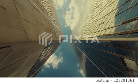 Skyscrapers reaching towards the sky, mirrored windows reflect the clouds above in this architectural upward view. 123291361