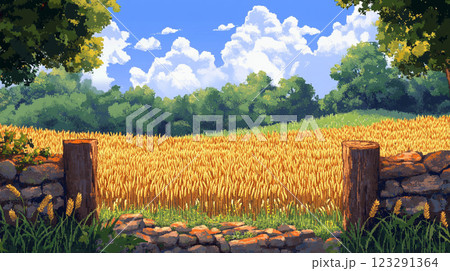 A tranquil pixel art landscape featuring a golden wheat field under a blue sky with fluffy clouds, framed by a rustic stone wall. Serene and calm. 123291364