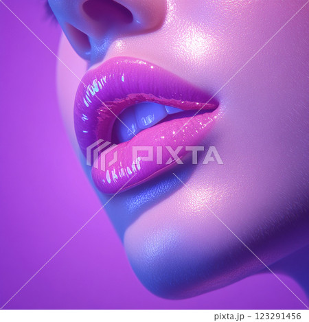 Close-up of woman's face with luscious, glossy lips painted in vibrant, pink hues. The skin glows with a soft, ethereal luminescence. Close-up of woman's face with luscious, glossy lips painted in vibrant, pink hues. The skin glows with a soft, ethereal luminescence. 123291456