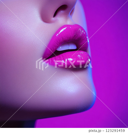Close-up of vibrant pink glossy lips against a blurred purple backdrop, showcasing beauty and a bold statement. Glamour is in full focus. 123291459