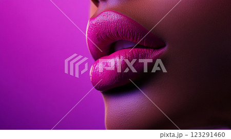 Close up of a person's lips with pink lipstick. The background is a solid pink color and the lips are slightly parted. 123291460