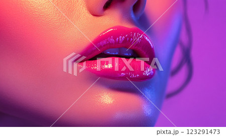 Close-up of glossy pink lips. Pink and blue neon lights reflect on the skin, emphasizing the plump shape and smooth texture. 123291473