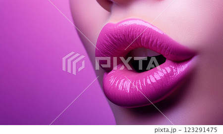 Close-up of glossy, bright pink lips against a soft pink background, highlighting beauty and vibrant color. Focus on the lips, and their shine. Close-up of glossy, bright pink lips against a soft pink background, highlighting beauty and vibrant color. Focus on the lips, and their shine. 123291475