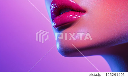 Close-up of glossy magenta lips. Perfect pout with shimmering skin. Modern, edgy aesthetic with vibrant colors and a touch of allure. 123291493