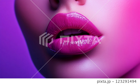 Close-up of luscious pink lips with a glossy finish, illuminated by vibrant purple and pink lighting, creating a sensual and captivating image. Close-up of luscious pink lips with a glossy finish, illuminated by vibrant purple and pink lighting, creating a sensual and captivating image. 123291494