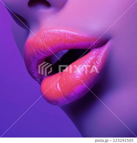 Close-up portrait of beautiful glossy lips with vibrant pink and peach tones against a complementary purple background. 123291505