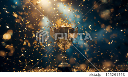 Golden trophy with confetti celebrating achievement, festive winning background. Generative AI Golden trophy with confetti celebrating achievement, festive winning background. Generative AI 123291568